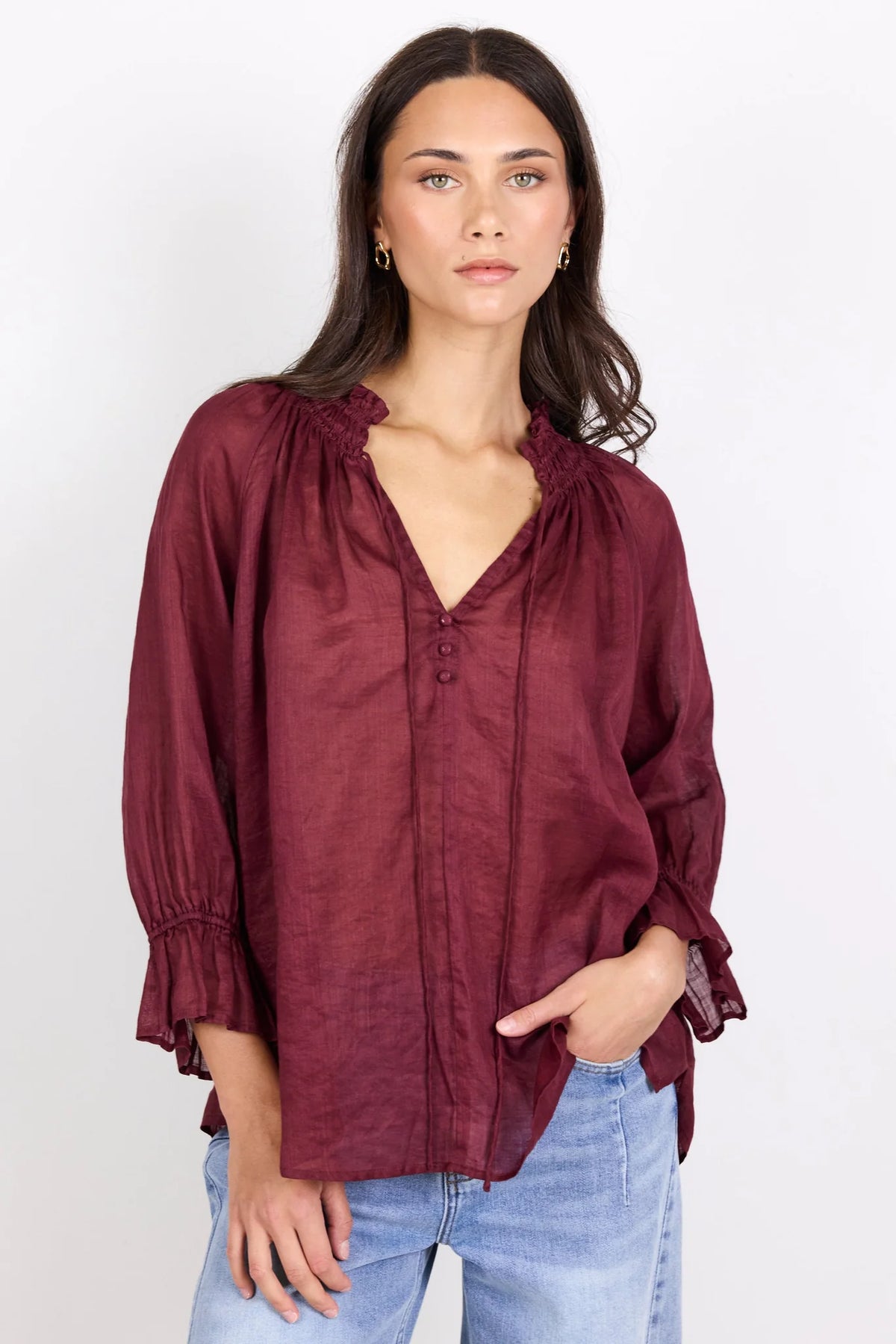 Expedition Burgundy Shirred Neck Short Sleeve Top