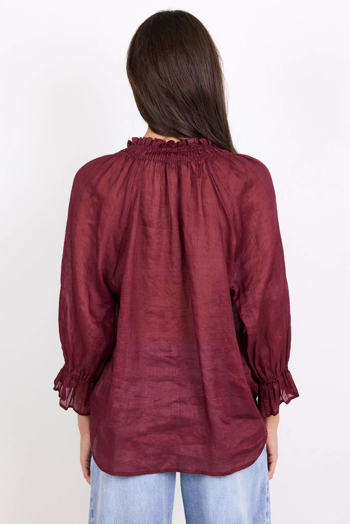 Expedition Burgundy Shirred Neck Short Sleeve Top
