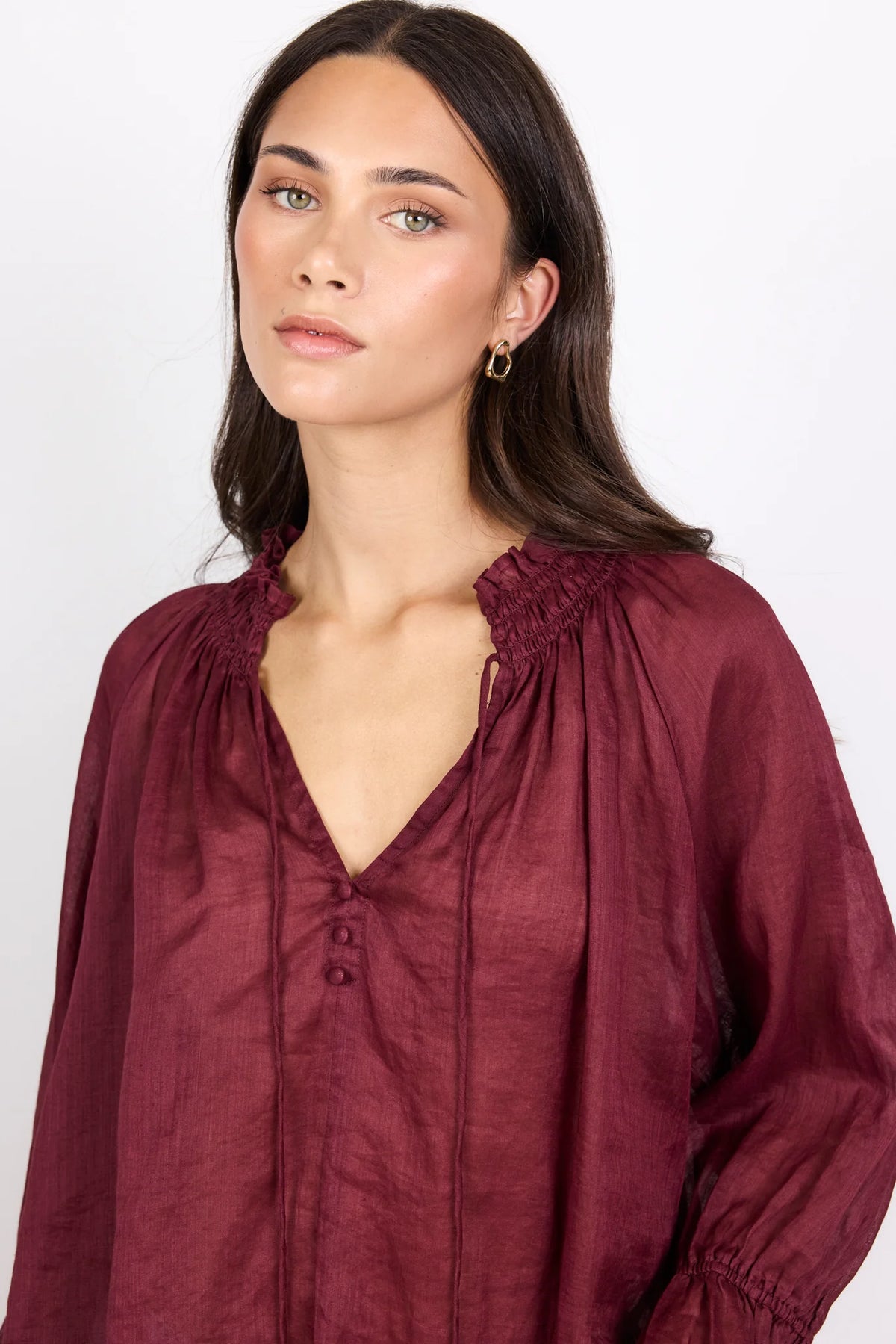 Expedition Burgundy Shirred Neck Short Sleeve Top