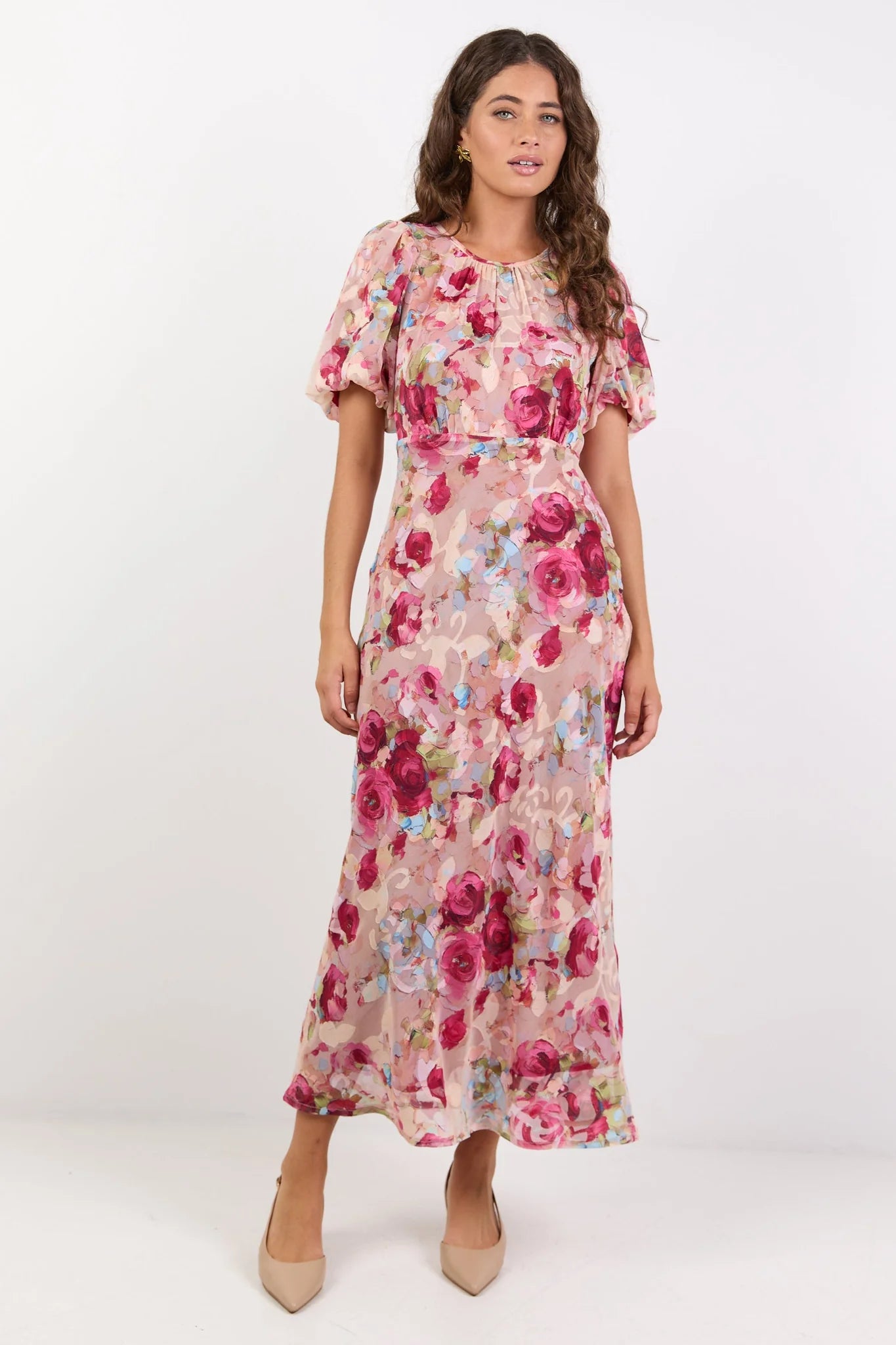 Exquisite Painted Rose Puff Sleeve Midi Dress