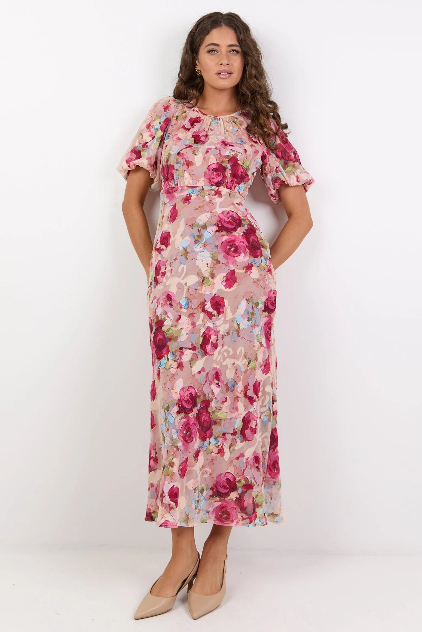 Exquisite Painted Rose Puff Sleeve Midi Dress
