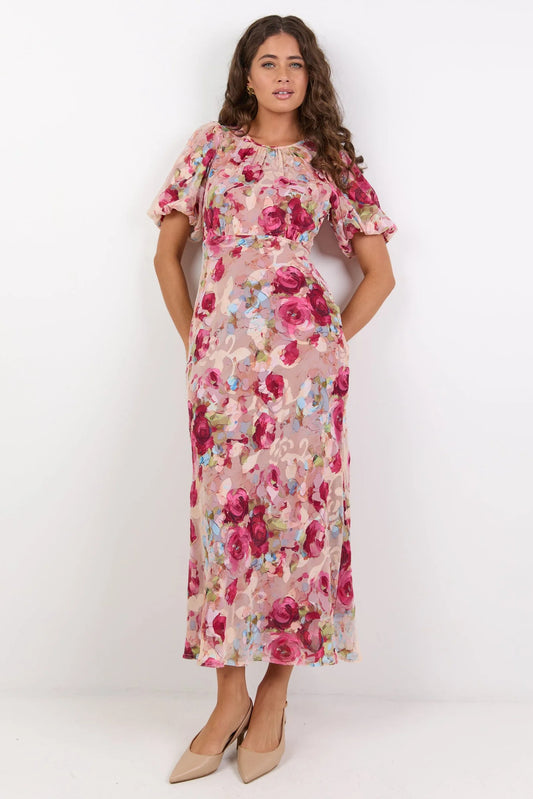 Exquisite Painted Rose Puff Sleeve Midi Dress
