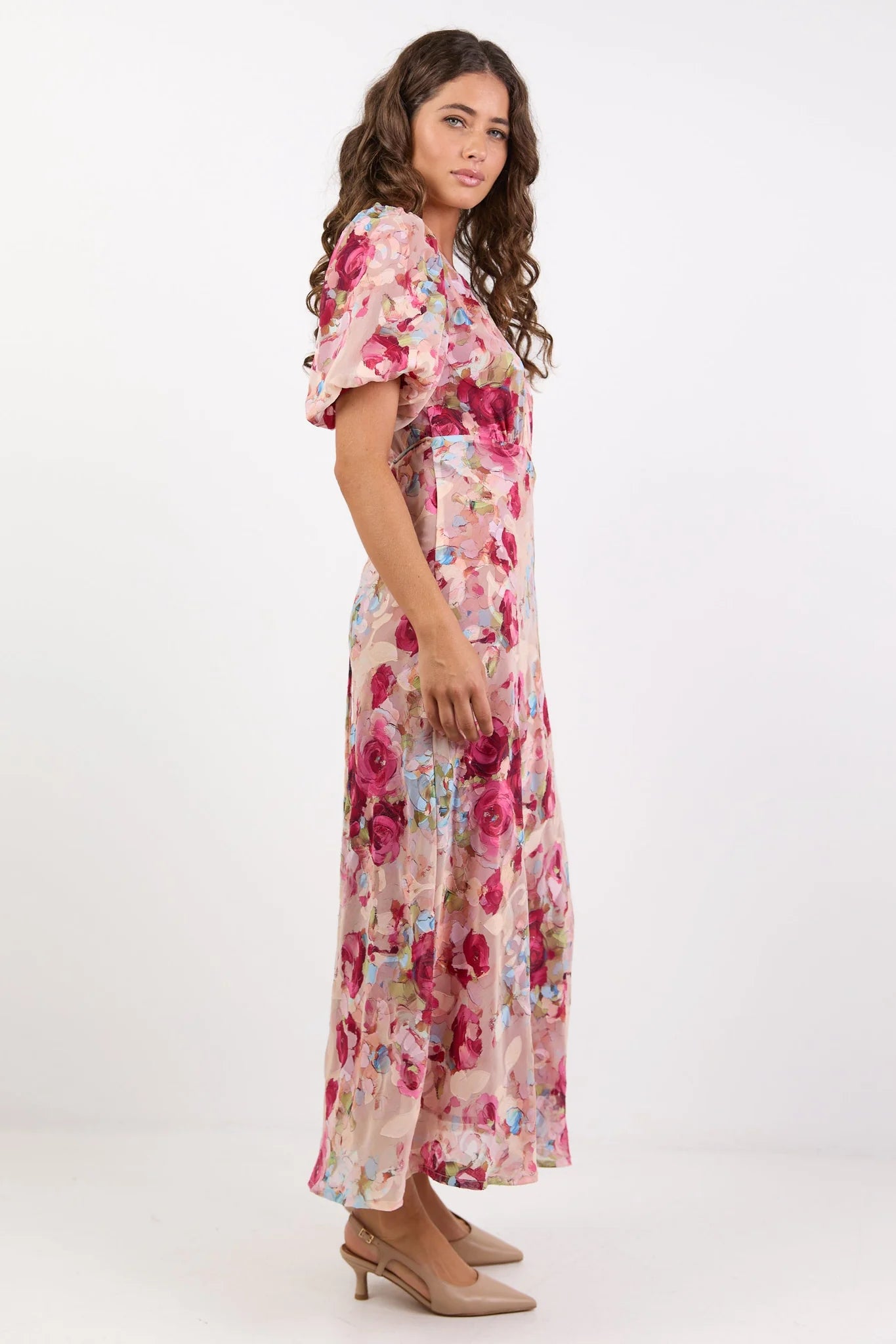 Exquisite Painted Rose Puff Sleeve Midi Dress