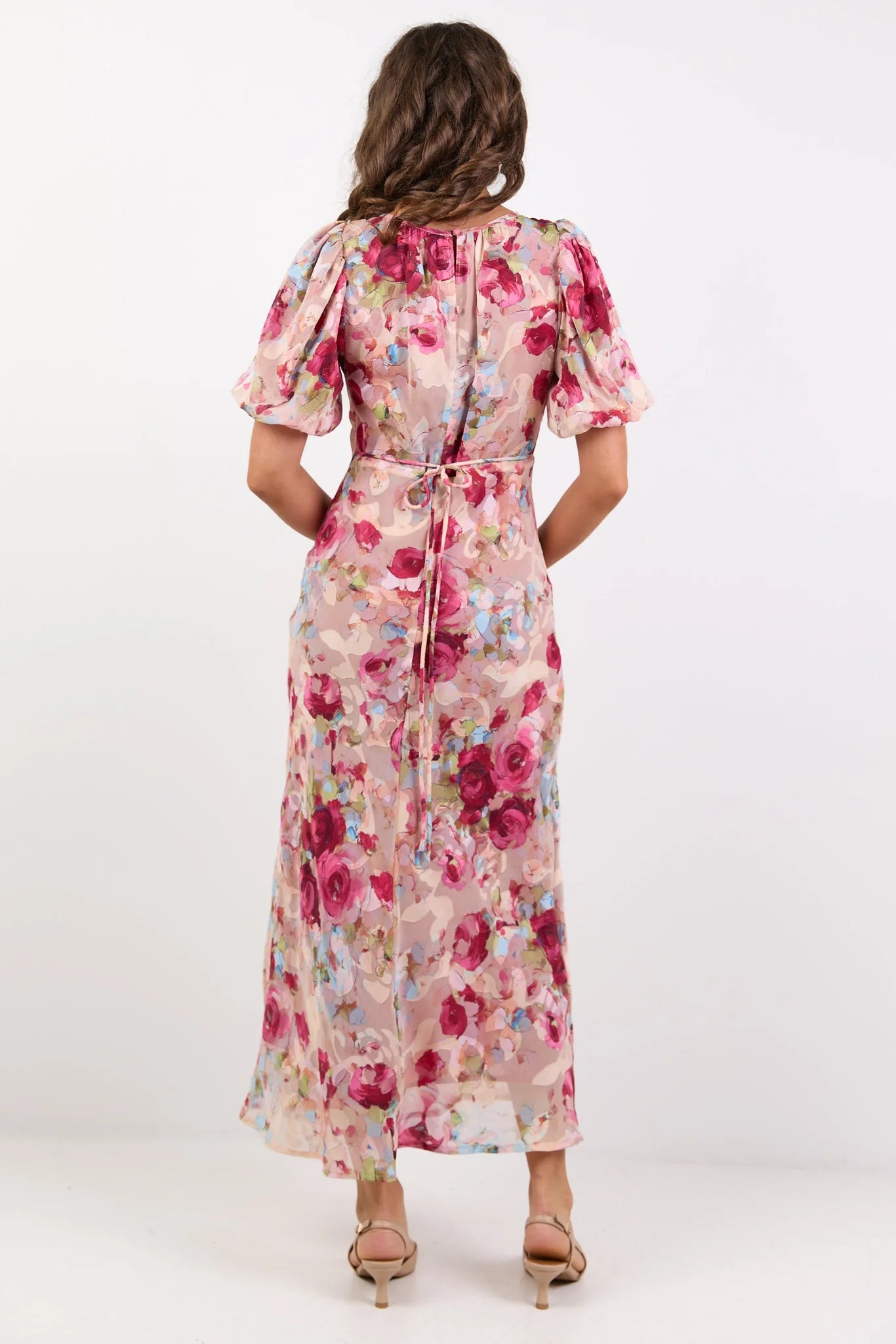 Exquisite Painted Rose Puff Sleeve Midi Dress