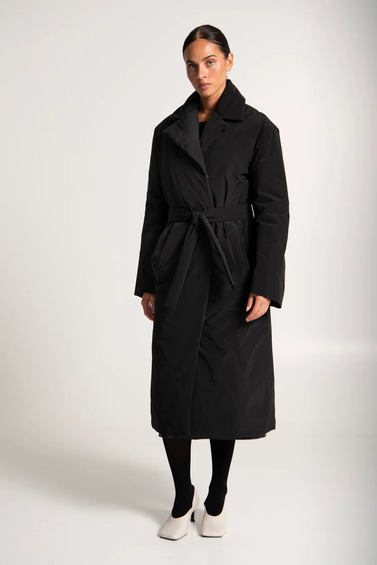 Nylon Collared Belted Puffa Coat Hirsch Black
