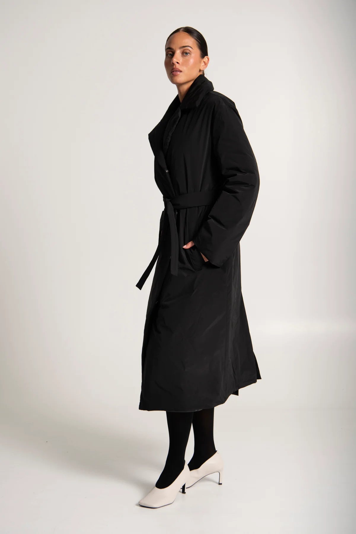 Nylon Collared Belted Puffa Coat Hirsch Black