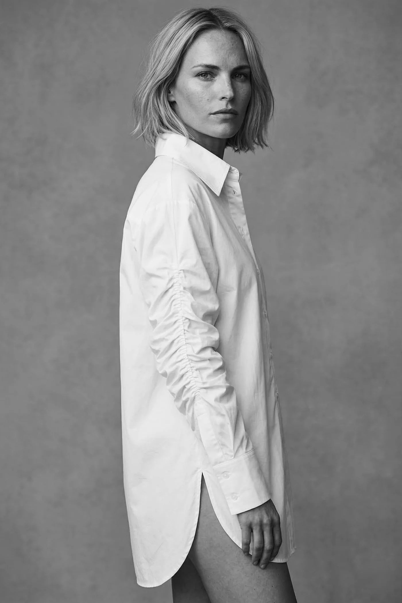 Crisp Cotton Rouched Detailed Long Sleeve Shirt Tellaro White by Lounge the Label