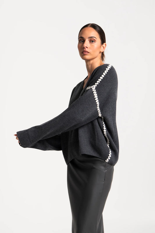 Merino Wool V Neck Contrast Blanket Stitch Trim Tunic Brac Grey Chalk
