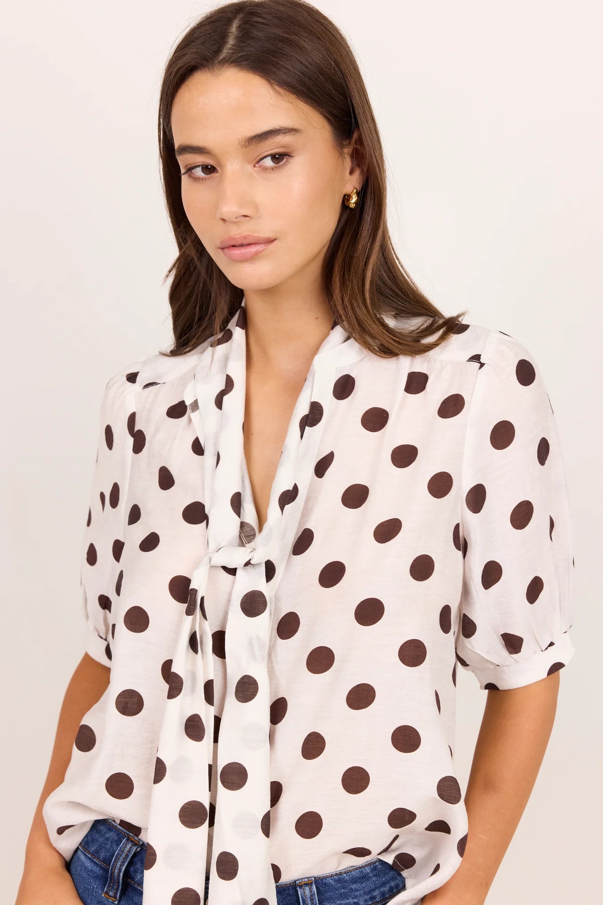 Providence Chocolate Polka Dot Tie Neck Short Sleeve Top