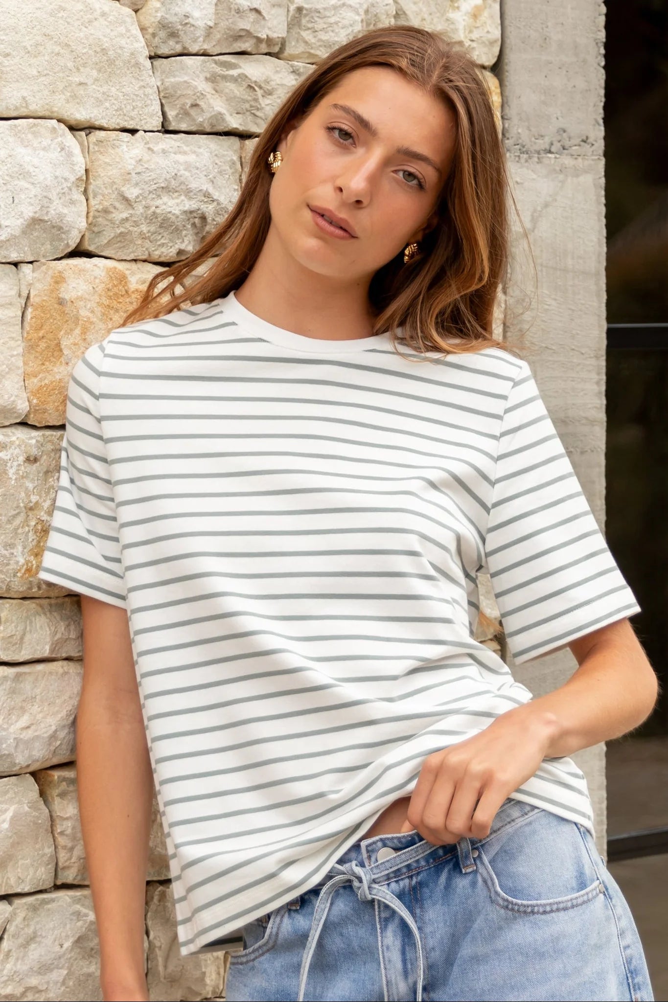 Binding Khaki White Stripe Boxy Fit Tee