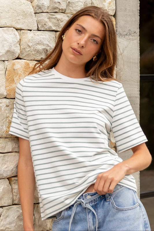 Binding Khaki White Stripe Boxy Fit Tee