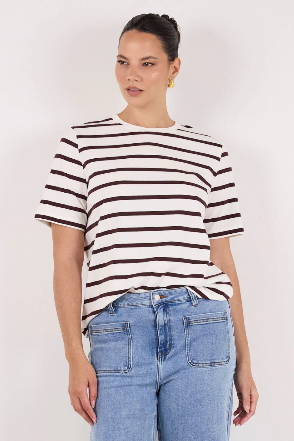 Binding Chocolate White Stripe Boxy Fit Tee