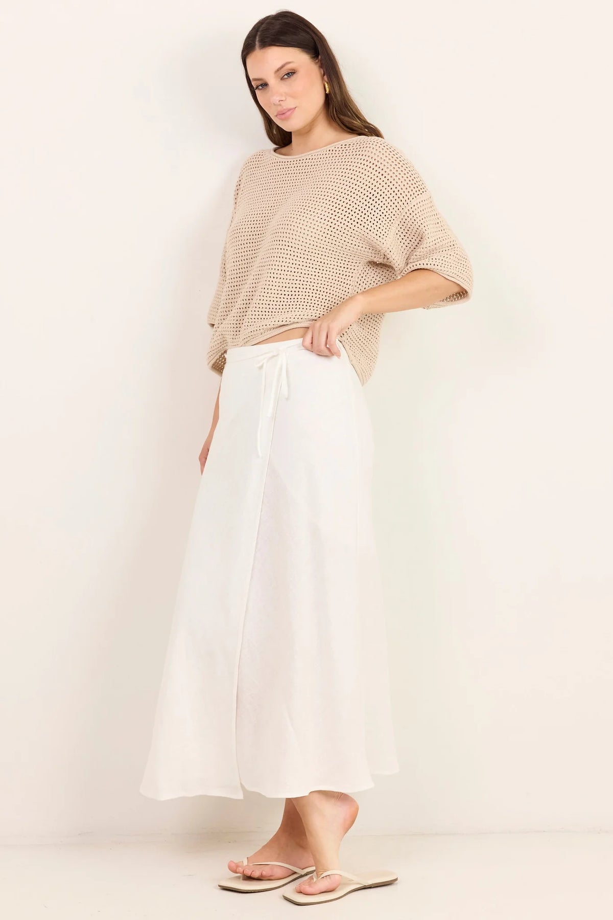 Sail White Linen Wrap Bias Maxi Skirt