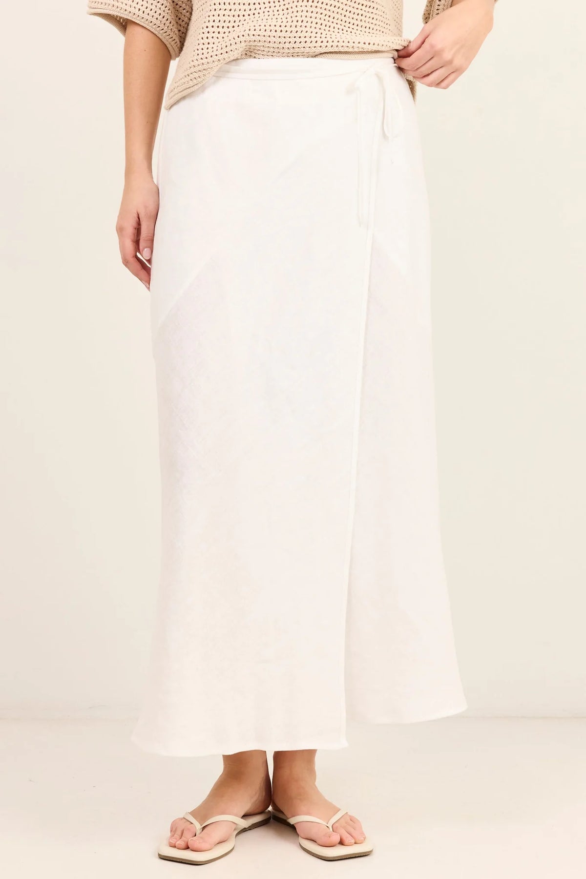 Sail White Linen Wrap Bias Maxi Skirt