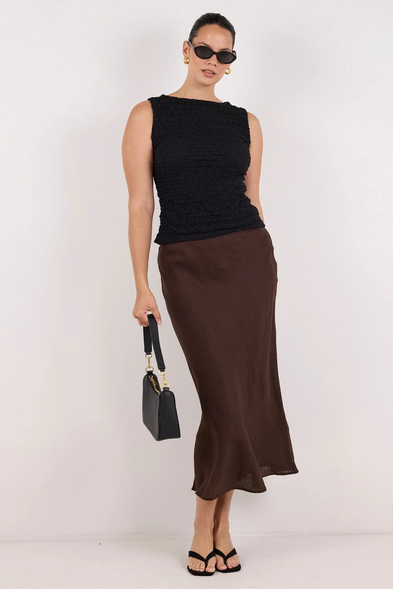 Bliss Dark Chocolate Linen Bias Midi Skirt