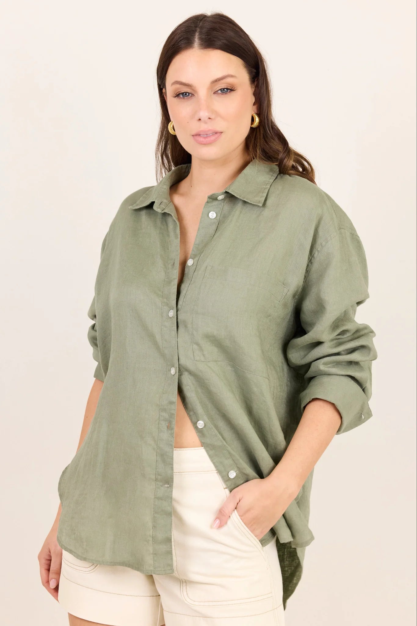 Uplifted Soft Khaki Linen Oversized Shirt