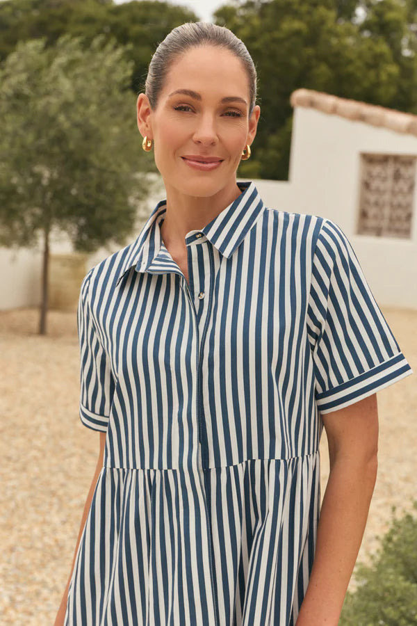 Winslow Button-Through Dress in Navy Stripe