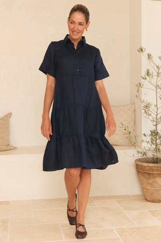 Winslow Linen Knee-Length Dress in Navy
