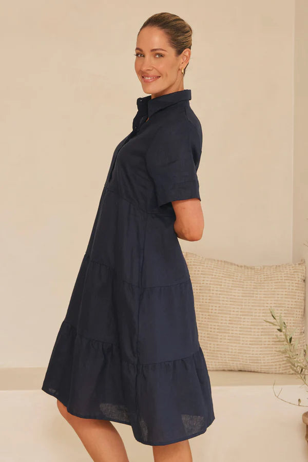 Winslow Linen Knee-Length Dress in Navy