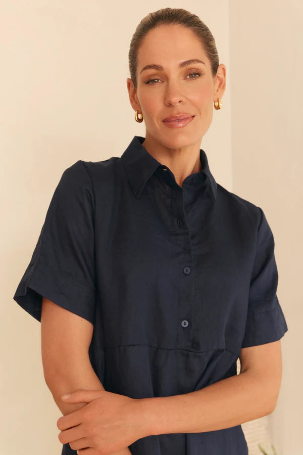 Winslow Linen Knee-Length Dress in Navy