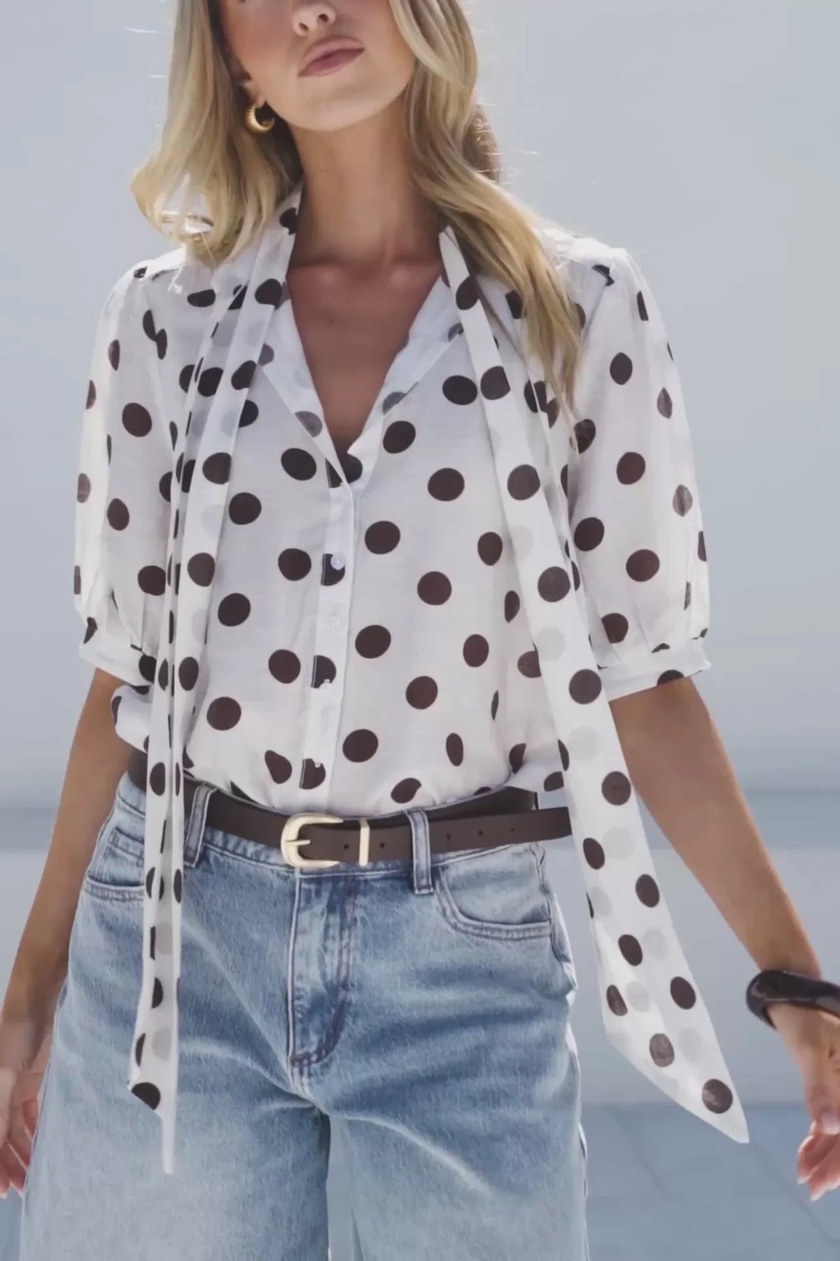 Providence Chocolate Polka Dot Tie Neck Short Sleeve Top