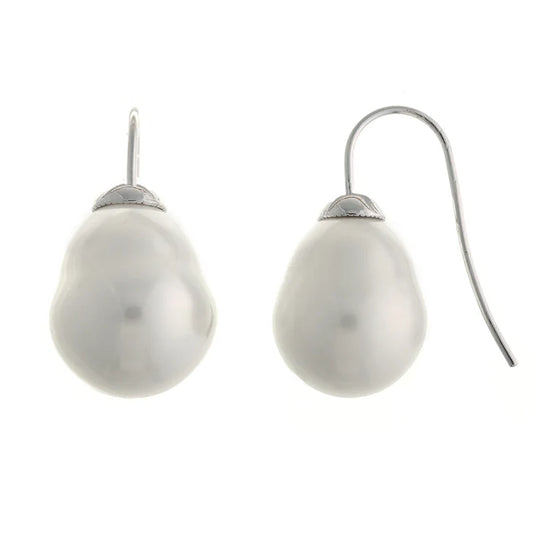 Callie Large Baroque White Pearl & Silver Plate Hook Earrings