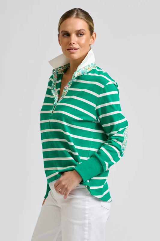 Rugger Rugby Sweatshirt - Green Stripe/Floral Trim