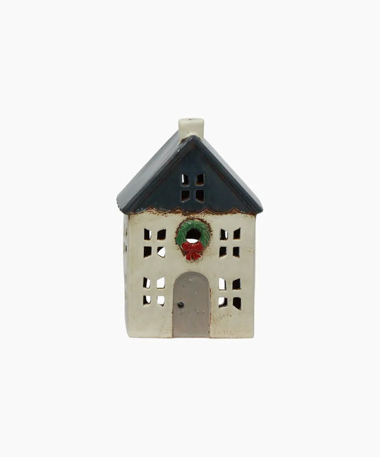 Chistmas Tea Light House Blue with Wreath Small