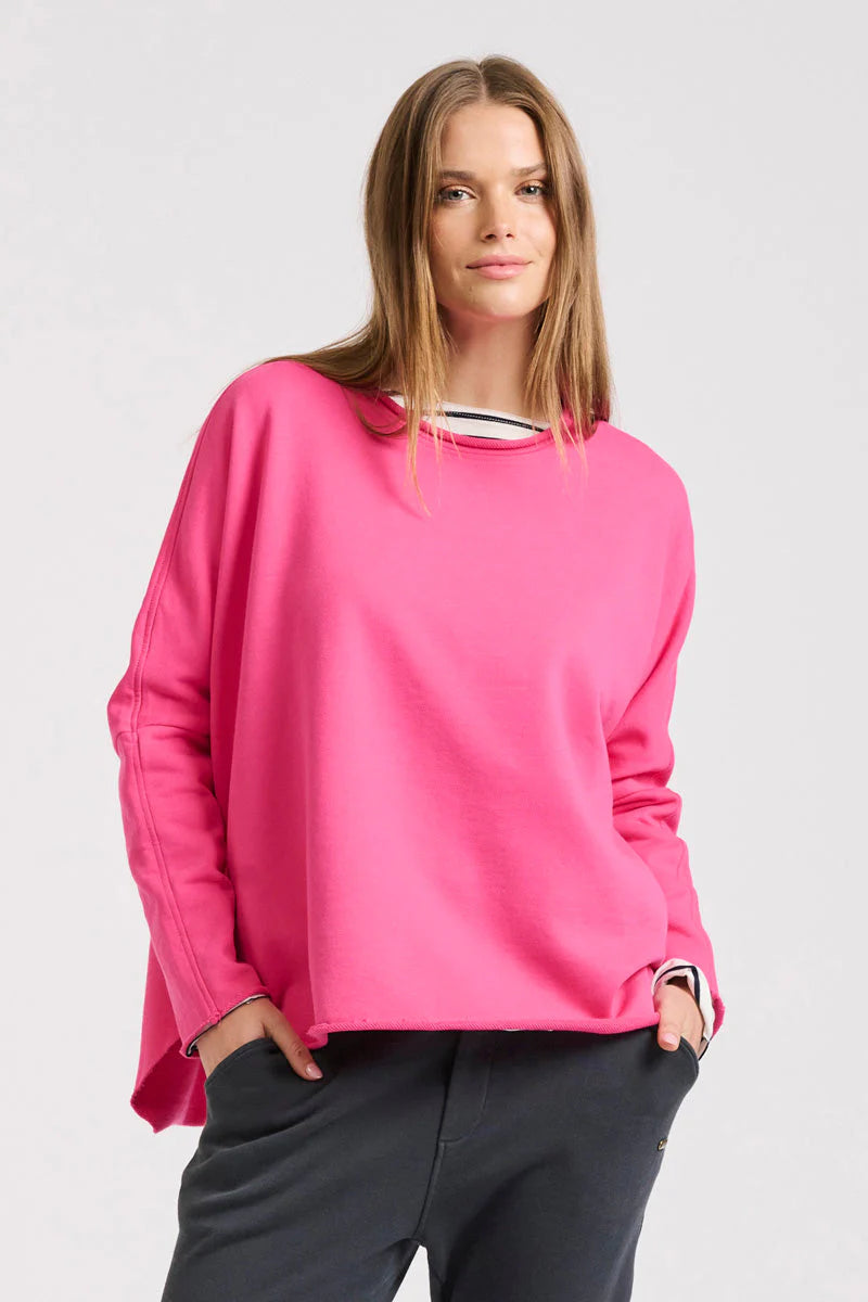 Raw Long Sleeve High-Low Sweatshirt - Fushcia