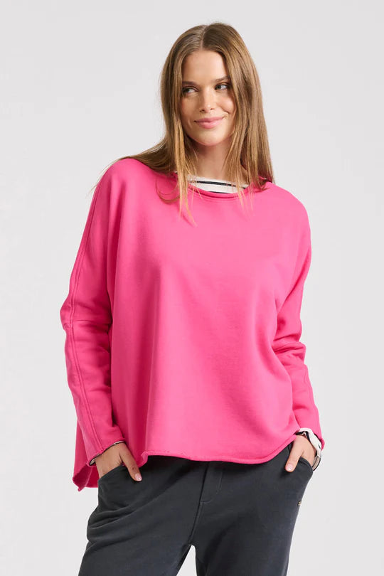 Raw Long Sleeve High-Low Sweatshirt - Fushcia