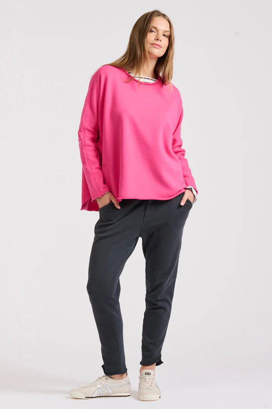 Raw Long Sleeve High-Low Sweatshirt - Fushcia