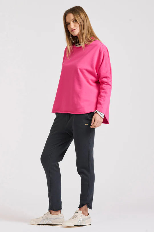 Raw Long Sleeve High-Low Sweatshirt - Fushcia
