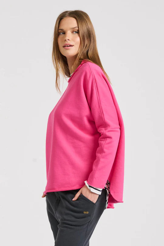 Raw Long Sleeve High-Low Sweatshirt - Fushcia