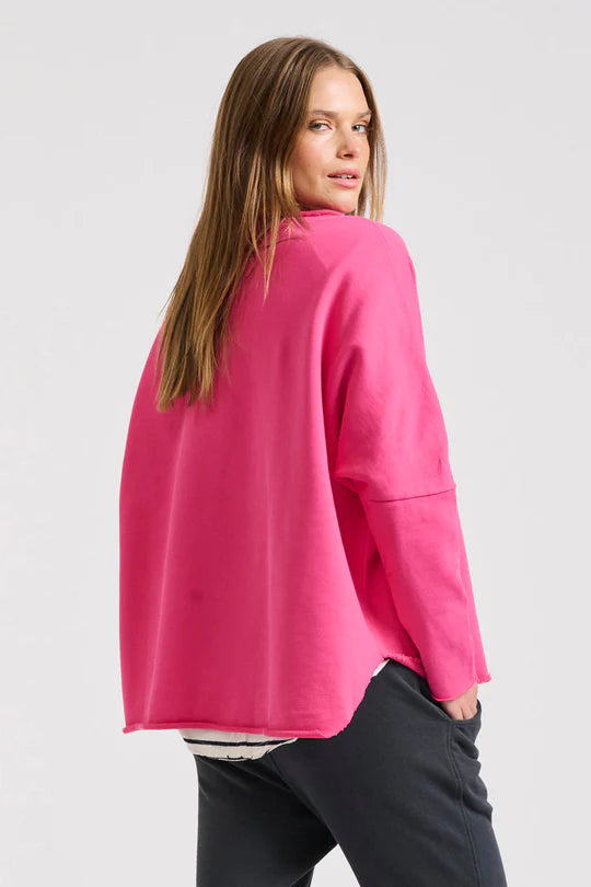 Raw Long Sleeve High-Low Sweatshirt - Fushcia