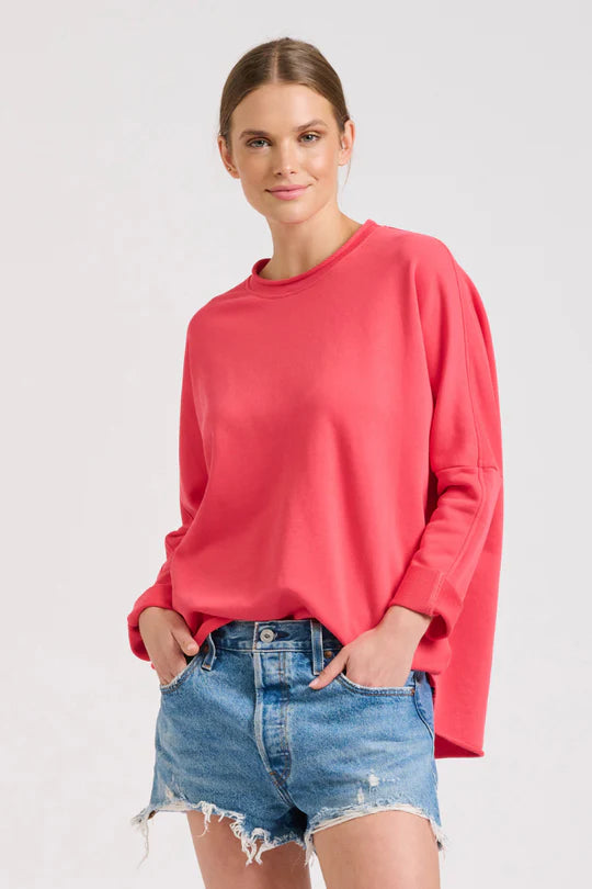 Raw Long Sleeve High-Low Sweatshirt - Cherry Red