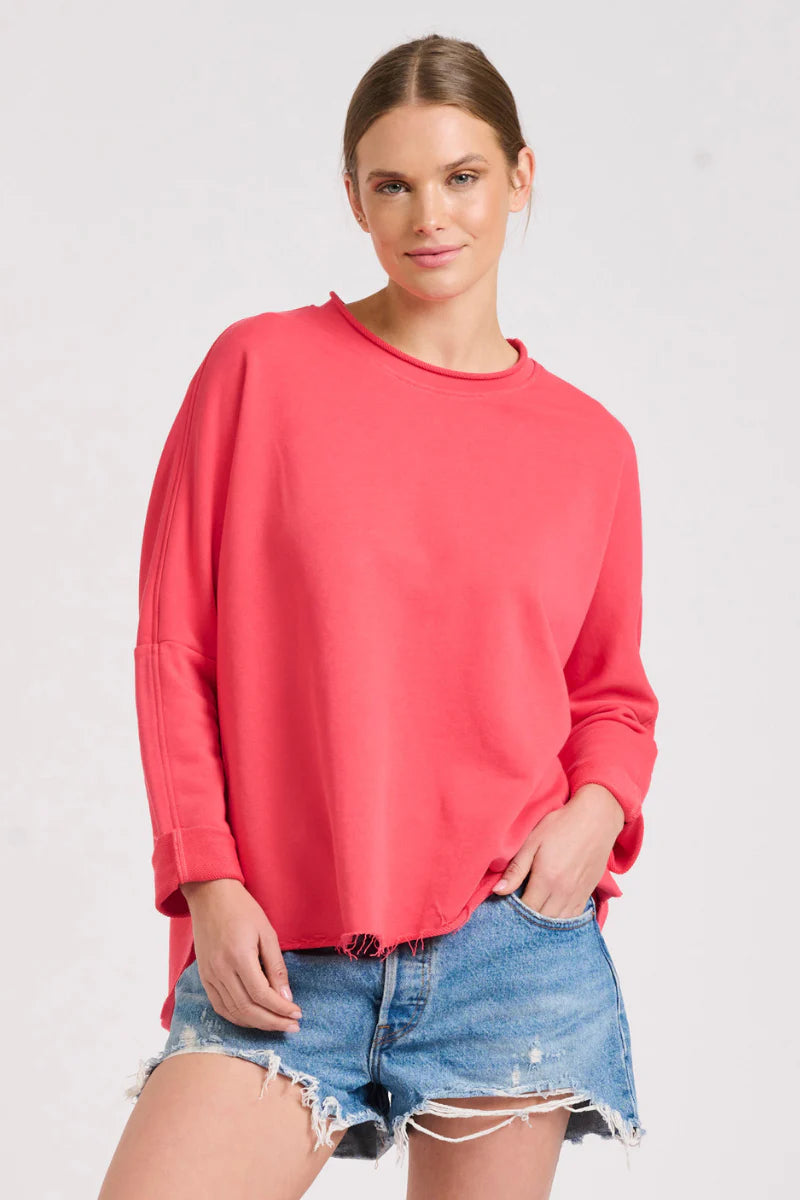 Raw Long Sleeve High-Low Sweatshirt - Cherry Red