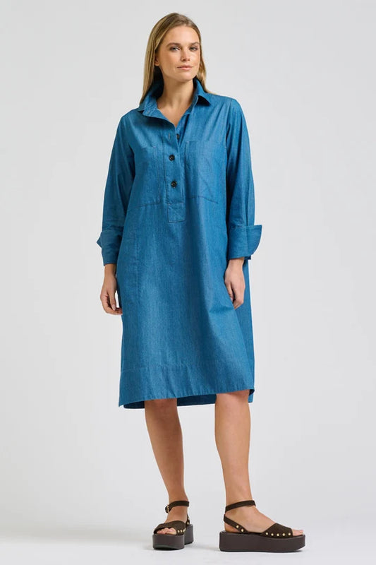 Jane Utility Popover Dress - Washed Denim