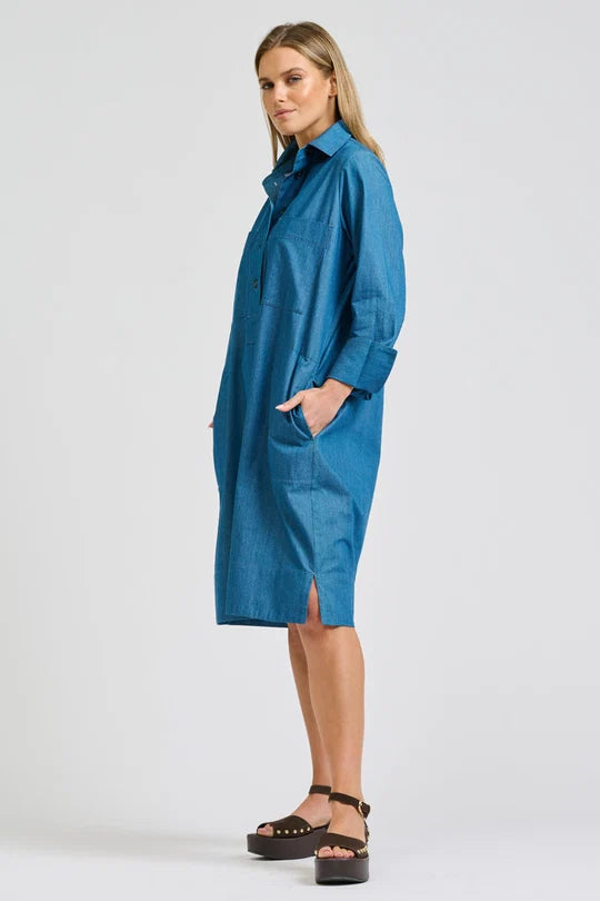 Jane Utility Popover Dress - Washed Denim