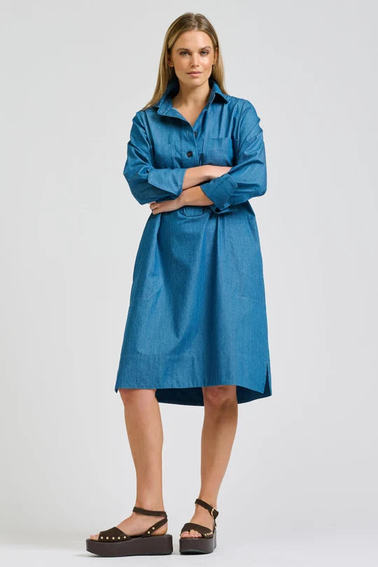 Jane Utility Popover Dress - Washed Denim