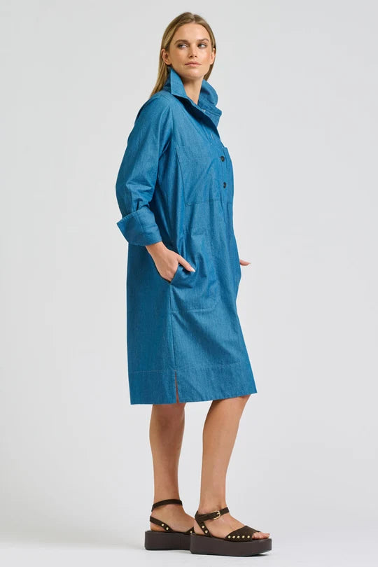 Jane Utility Popover Dress - Washed Denim