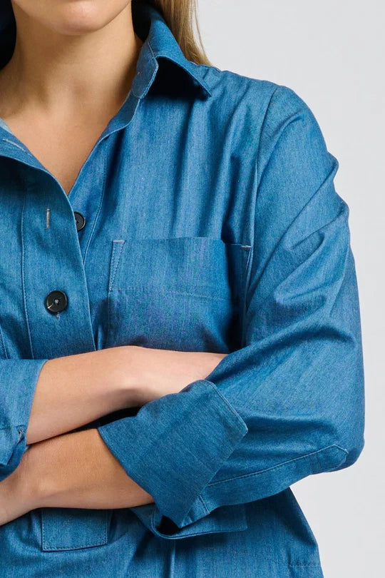 Jane Utility Popover Dress - Washed Denim