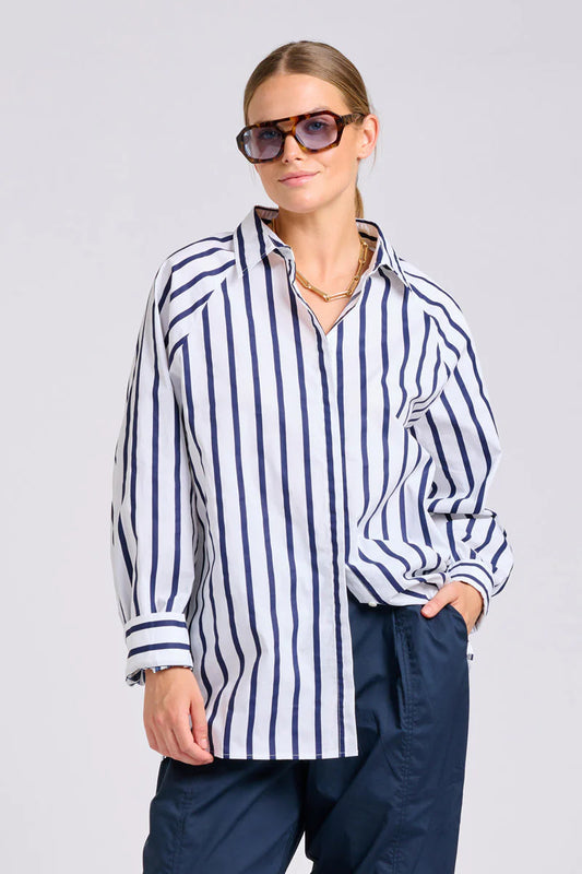 The Gigi Relaxed Shirt - White With Navy Stripe