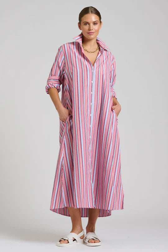 The Luna Oversized Long Line Shirt Dress - Red Multi  Stripe