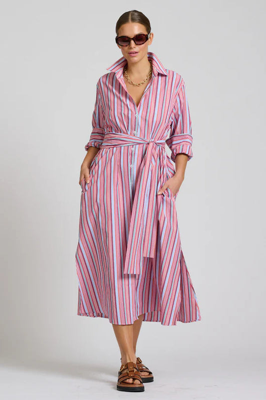 The Luna Oversized Long Line Shirt Dress - Red Multi  Stripe