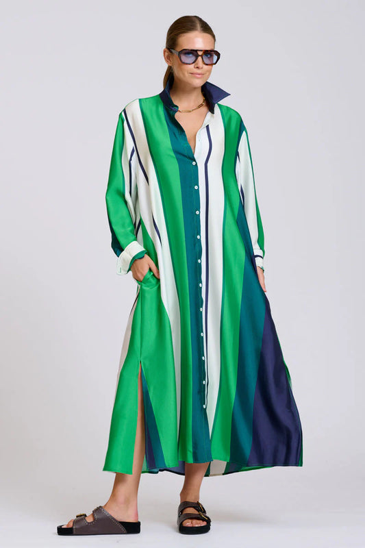 The Luxe Luna Longline Shirt Dress - Navy and Green Bold Stripes