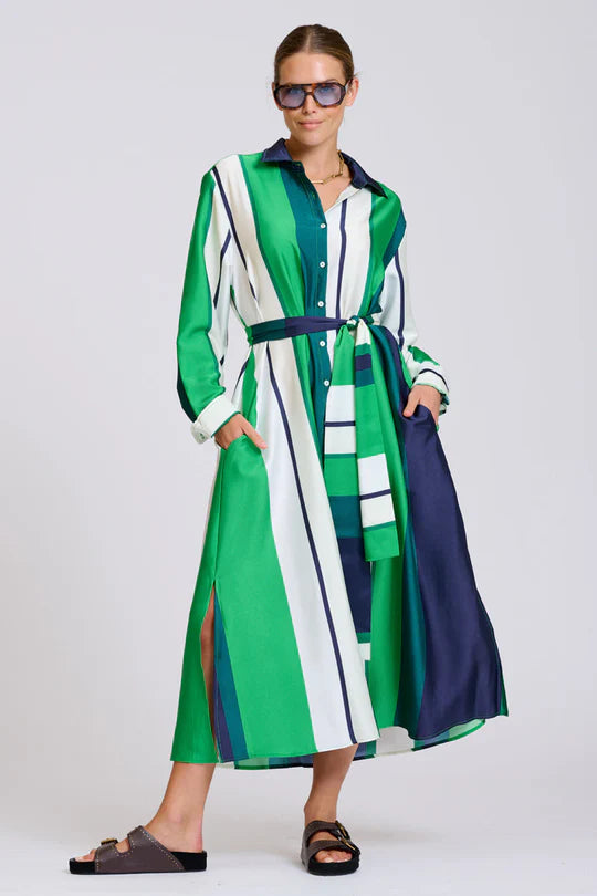The Luxe Luna Longline Shirt Dress - Navy and Green Bold Stripes