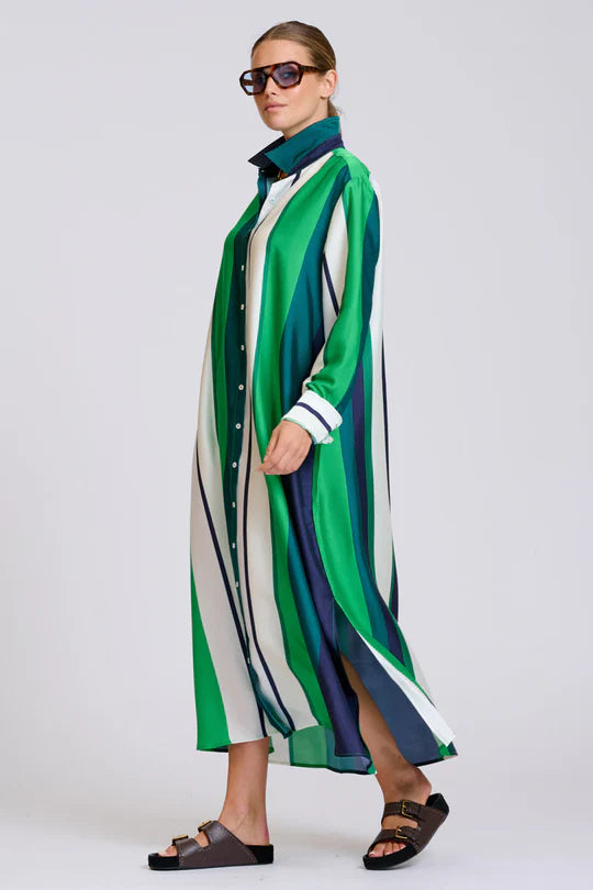 The Luxe Luna Longline Shirt Dress - Navy and Green Bold Stripes
