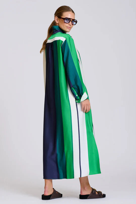 The Luxe Luna Longline Shirt Dress - Navy and Green Bold Stripes