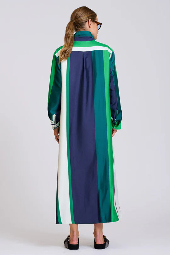The Luxe Luna Longline Shirt Dress - Navy and Green Bold Stripes