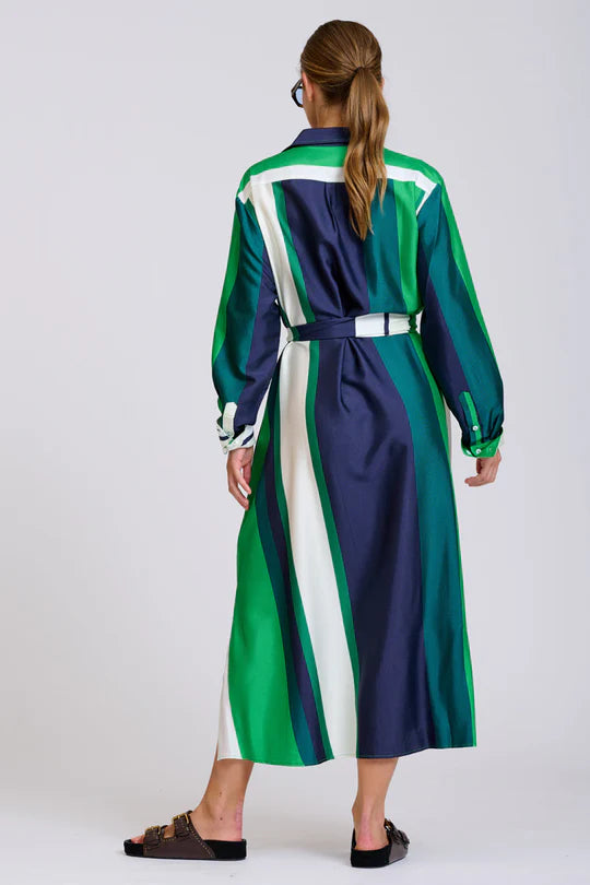 The Luxe Luna Longline Shirt Dress - Navy and Green Bold Stripes